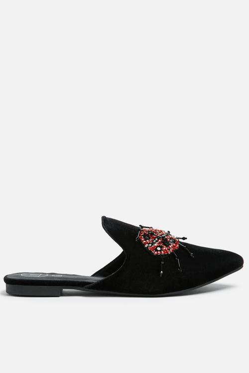 Embroidered lady bug velvet mule