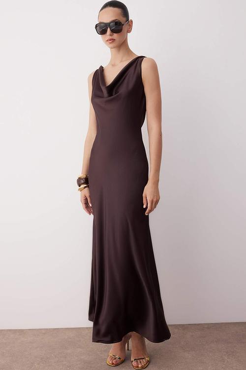A-Line Cowl Neck Satin Maxi Dress - Brown