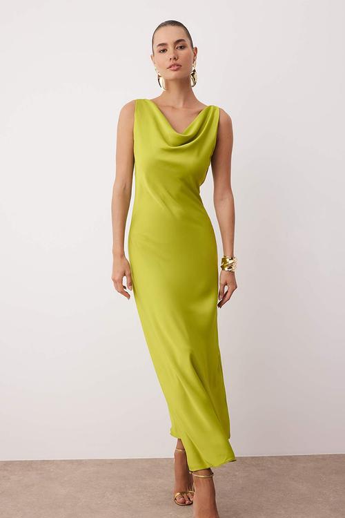 A-Line Cowl Neck Satin Maxi Dress - Oil Green
