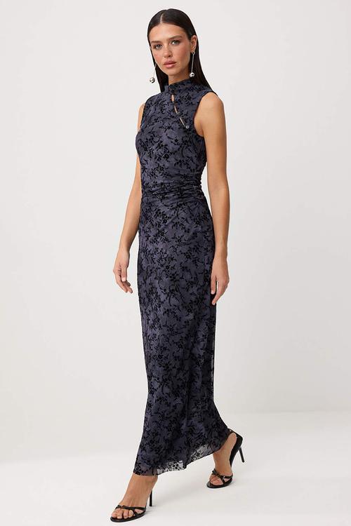 Embossed Floral Tulle Bodycon Maxi Evening Dress - Smoke Grey