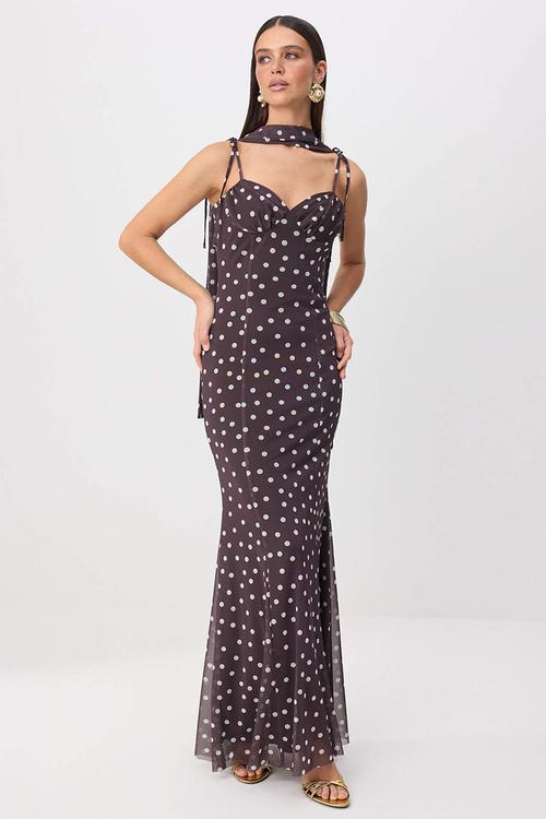 Polka Dot Heart Neck Fish-Tail Maxi Evening Dress - Brown-Multicolour
