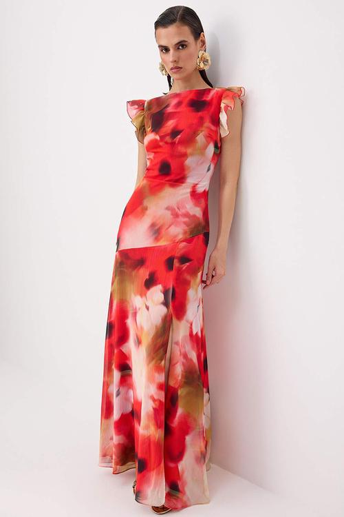 Floral Boat Neck Straight-Cut Maxi Evening Dress - Multicolour