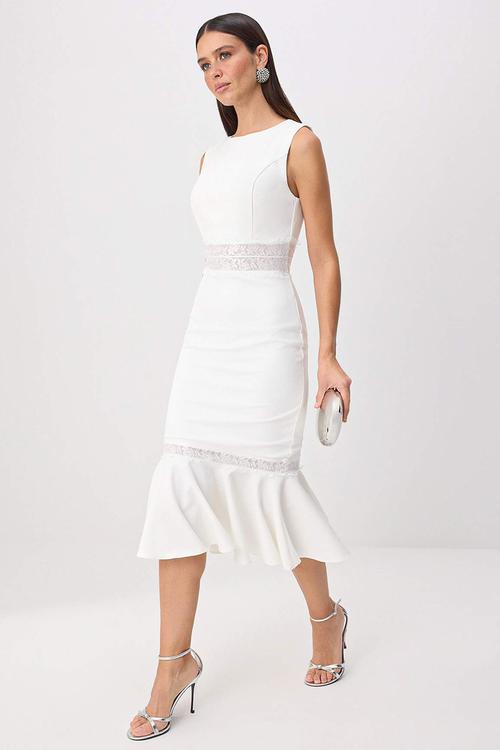 Lace Detail Fish-Tail Midi Dress - White