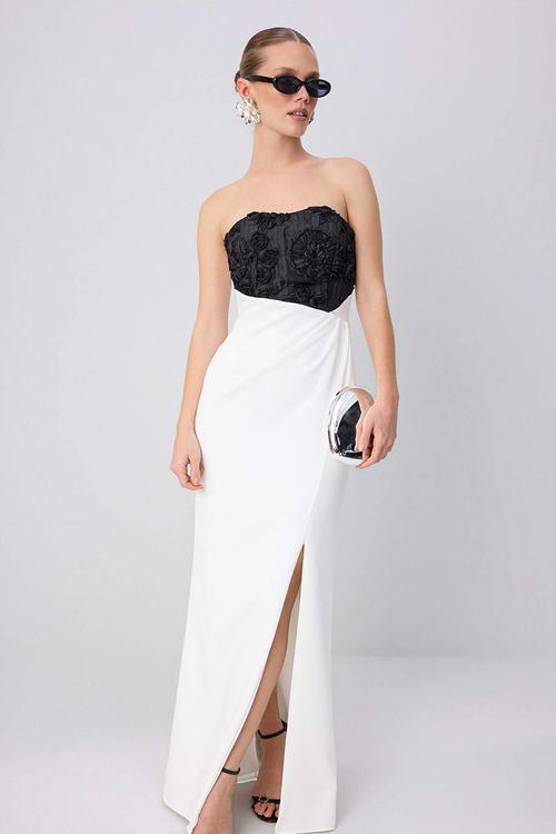 Strapless Straight-Cut Maxi Evening Dress - Black and White
