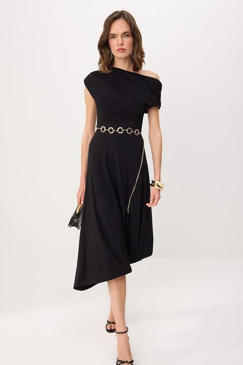 Off-Shoulder Party Dress with Chain Belt - Black