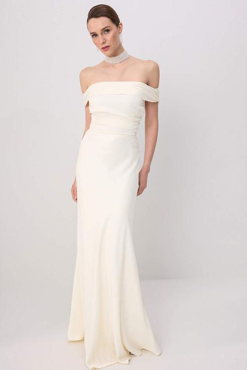 Draped Satin Maxi Evening Dress - Ecru