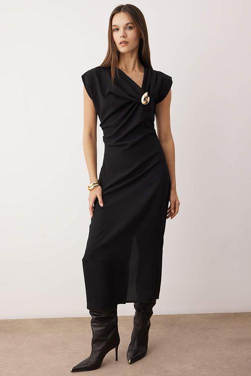 Accessory Detail Midi Dress - Black