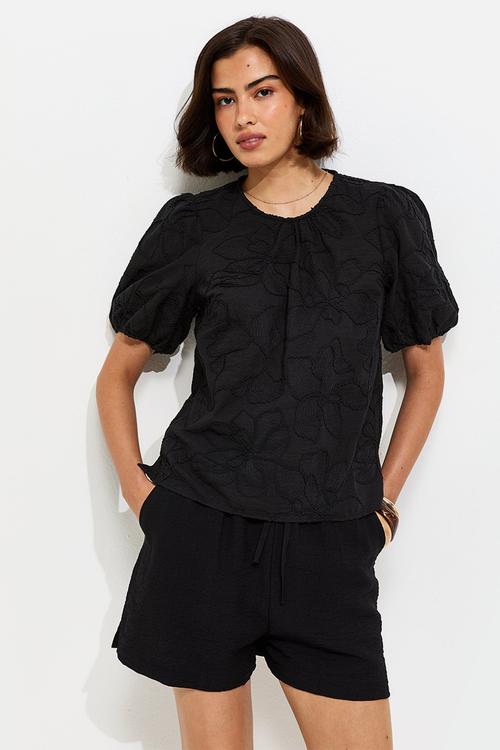 Tina emb puff sleeve T-shirt - black