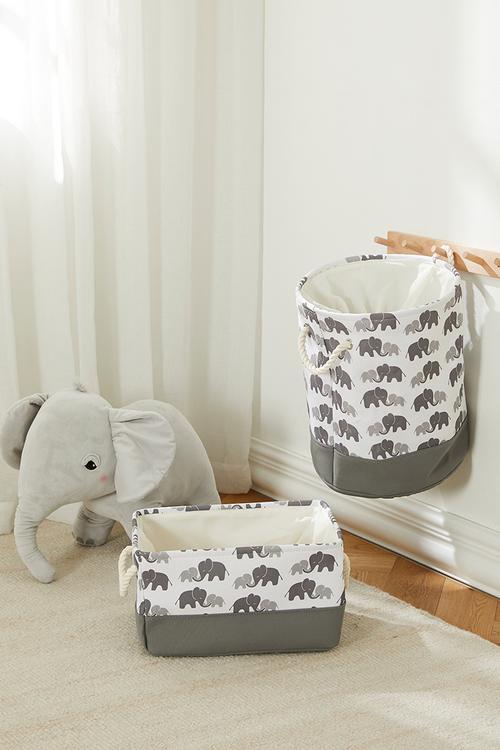 Printed fabric toy storage basket  with rope handles - white/green