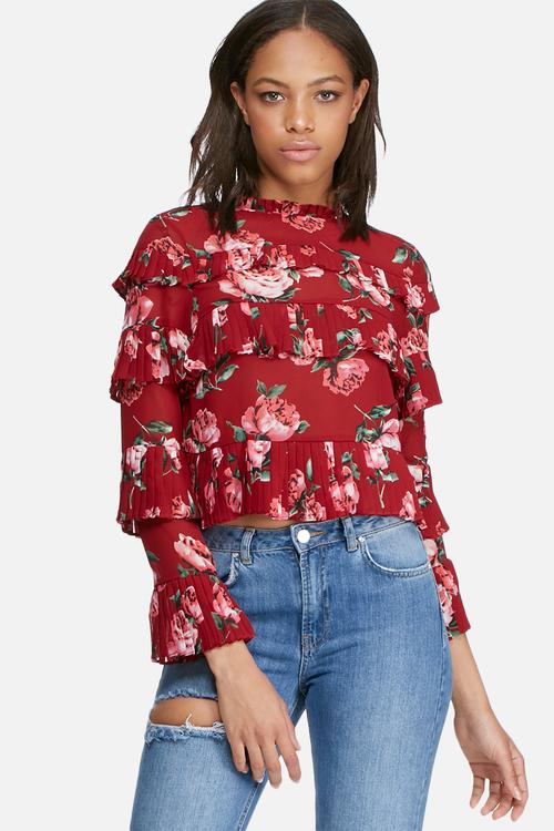 Rose print ruffle blouse