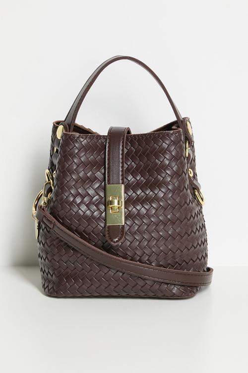 Tahlia Woven Tote With Gold Hardware - Brown