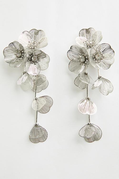 Petra Floral Diamante Encrusted Drop Earrings - Silver