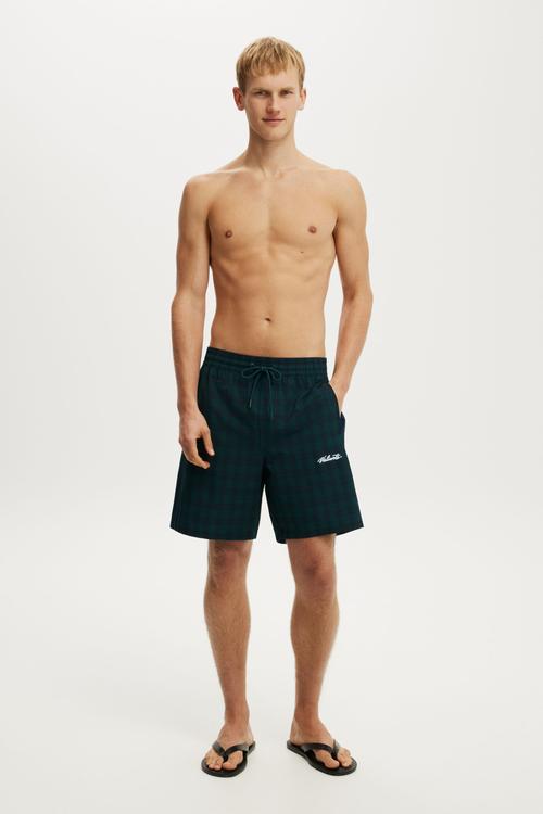 Baggy Swim Short - Teal Plaid Check Seersucker