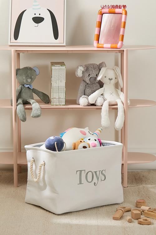 Fabric toy storage basket  with rope handles - white/blue