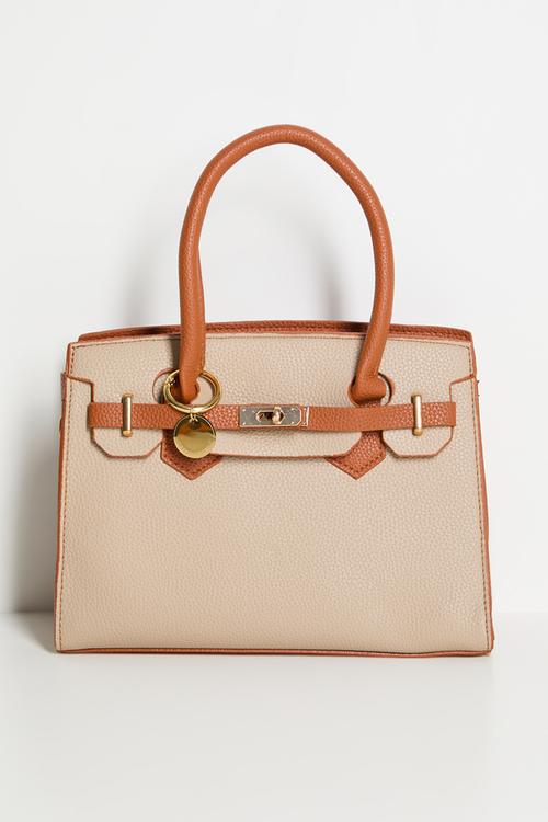 Teagan Structured Top Handle Bag With Buckle Detail-Cream/Tan