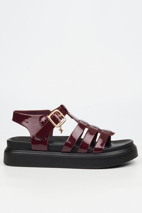 Absolut 11 triple strap t-bar chunky sandal - burgundy
