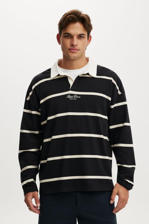 Box Fit Long Sleeve Polo - Black Bold Stripe