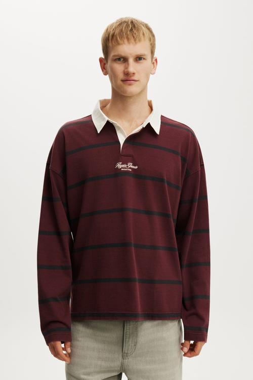 Box Fit Long Sleeve Polo - Crimson Bold Stripe