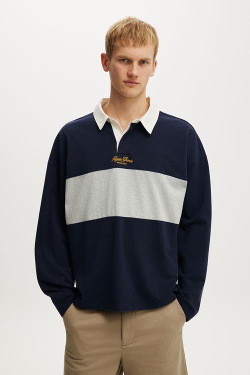 Box Fit Long Sleeve Polo - Blue Panel