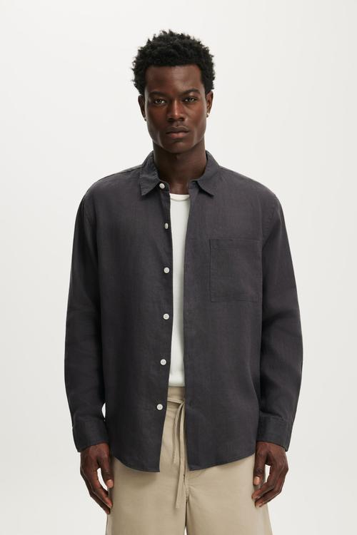 Relaxed Linen Long Sleeve Shirt - Charcoal