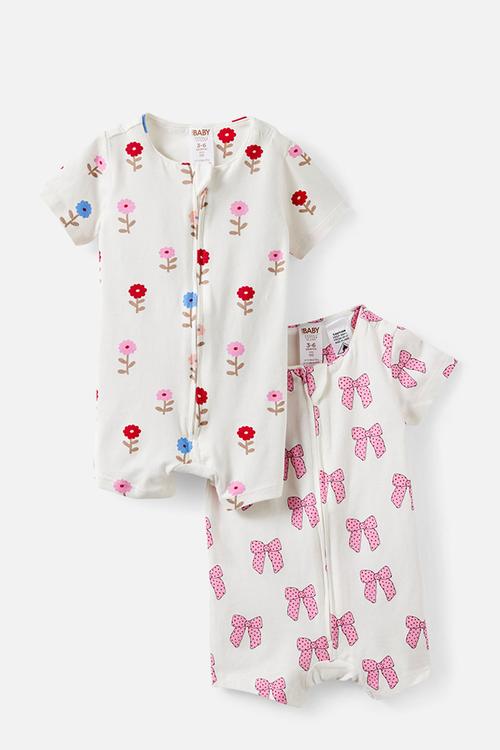 2 Pack Growie Short Sleeve Zip Romper - Vanilla/Pretty Bows & Vanilla/Sweet Blooms