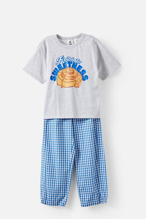 Sleep Tee & Poplin Pant Pj Set - Grey Marle/Harbour Blue Gingham