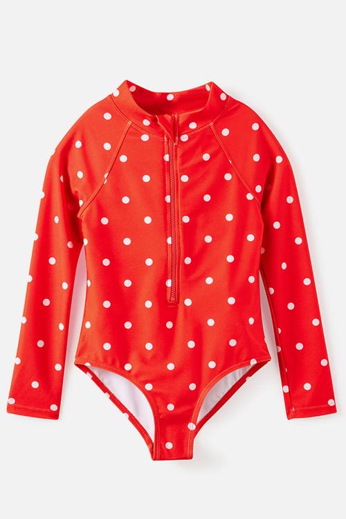 Long Sleeve One Piece Swimsuit - Pop Red/Ballet Pink Polkadot