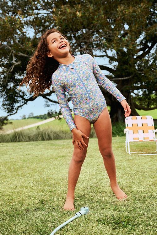 Long Sleeve One Piece Swimsuit - Blue Bonnet/Floral