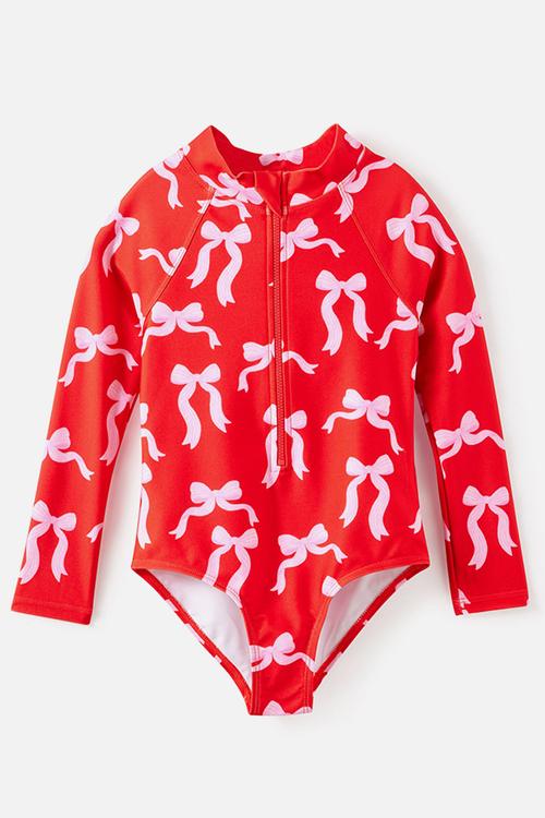 Long Sleeve One Piece Swimsuit - Pop Red/Bows