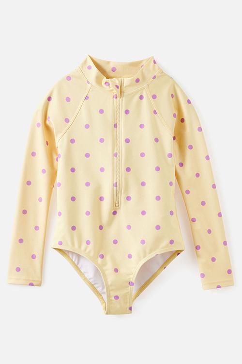 Long Sleeve One Piece Swimsuit - Baby Yellow/Vintage Lilac Polkadot