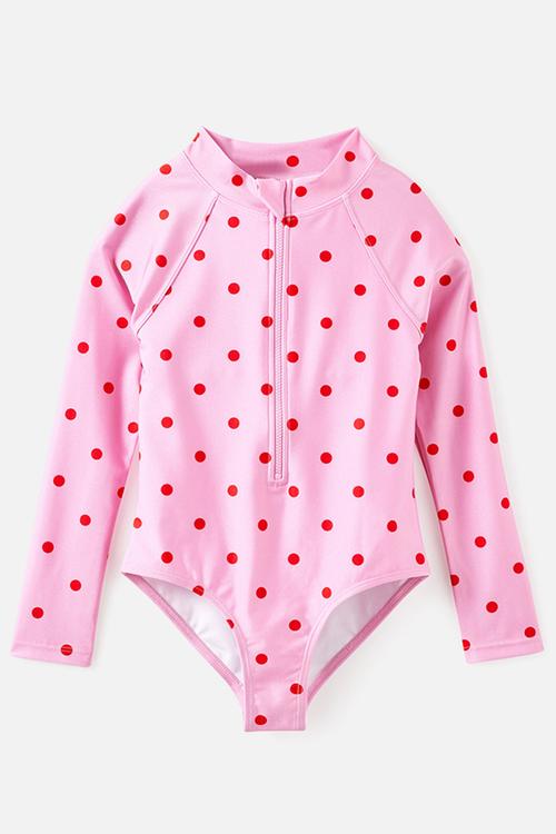 Long Sleeve One Piece Swimsuit - Strawberry Milk/Pop Red Polkadot