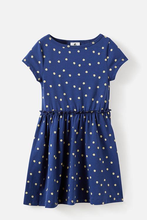 Boat Neck Frill Short Sleeve Dress - Denim Navy/Floral