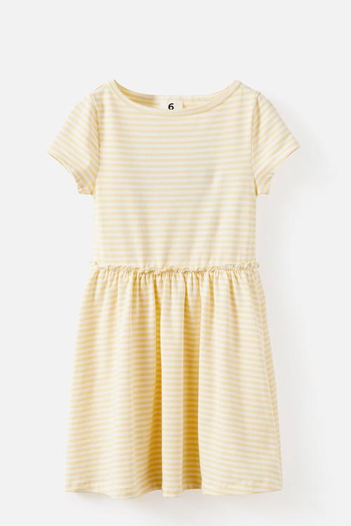 Boat Neck Frill Short Sleeve Dress - Butter Yellow/Stripe