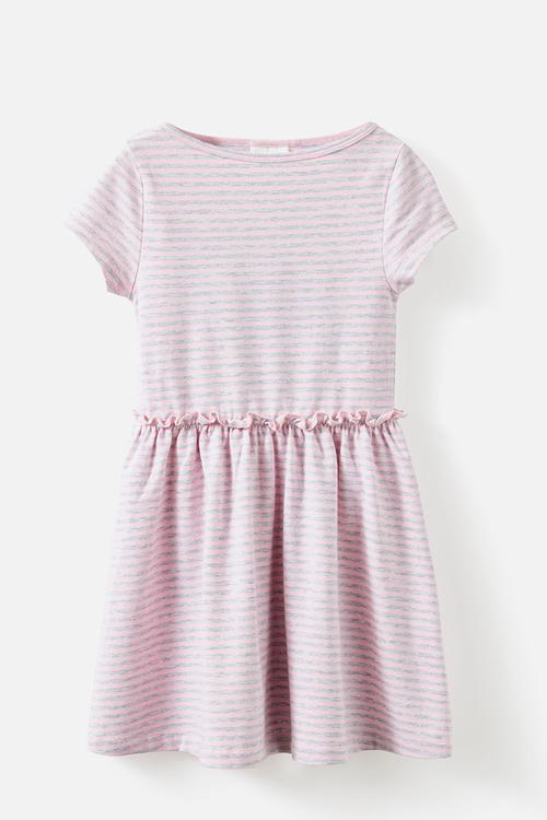 Boat Neck Frill Short Sleeve Dress - Ballet Pink/Grey Marle Stripe