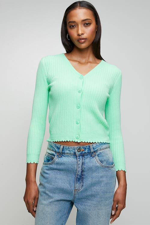 3/4 Sleeve V-Neck Button Through Cardi With Scallop Hem - Mint