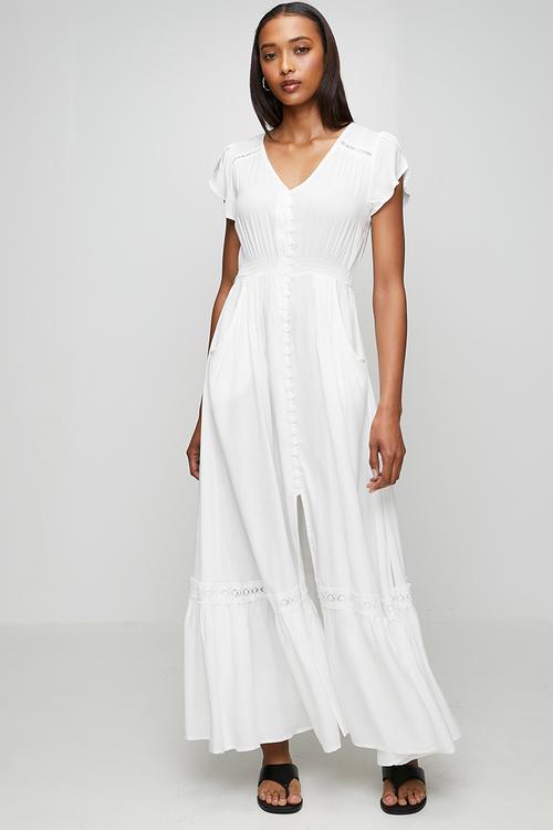 Cap Sleeve With Flutter V-Neck Button Through Maxi Plain Colour Maxi Dress With Ladder Lace Trim - White