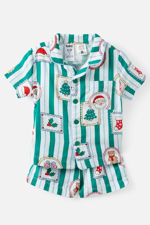 Baby Woven Family Xmas Pj Set - English Ivy/Santa Stamp