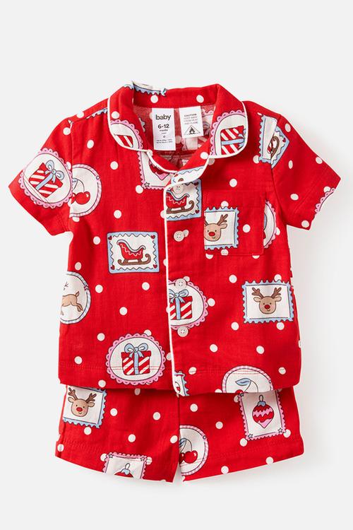 Baby Woven Family Xmas Pj Set - Varsity Red/Rudolph Spot