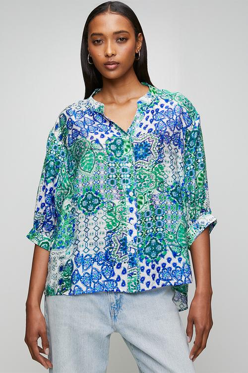 Half Sleeve Batwing Easy Wearing Sheer Printed Blouse - Multi Green