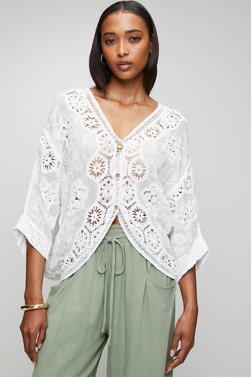 Easy Wearing Batwing Sleeve Crochet 3 Buttoned Top - Ivory