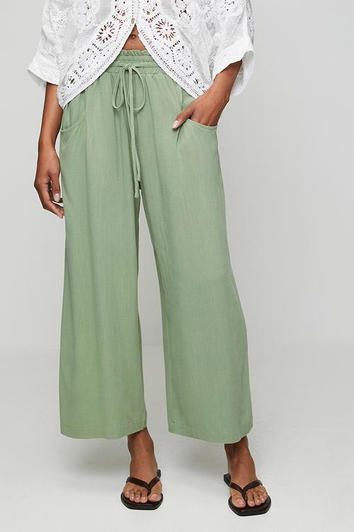 3/4 Length Drawcord Straight Leg Pant - Sage