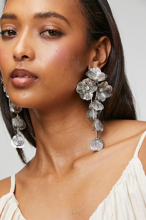 Petra Floral Diamante Encrusted Drop Earrings - Silver