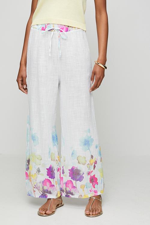 High Waist Drawcord Wide Leg Printed Easy Wearing Pant - White