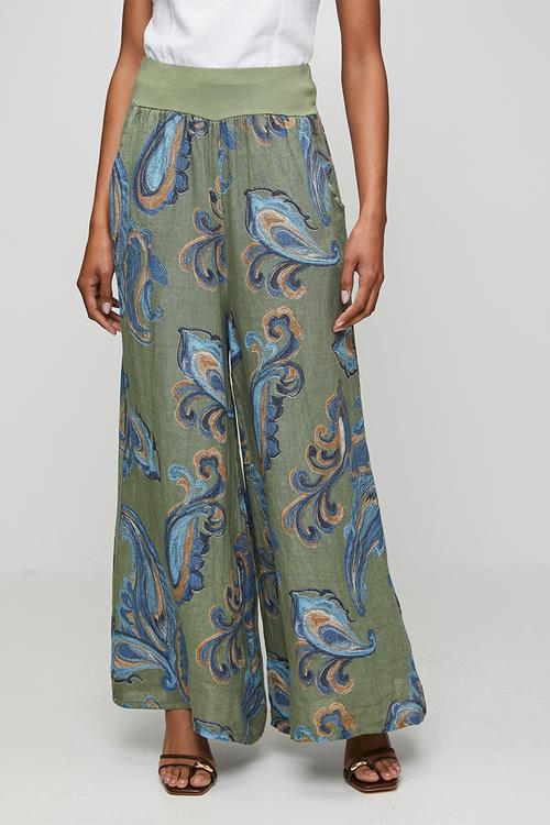 Printed Linen Flare Leg Pant With Elastic At Waist - Sage