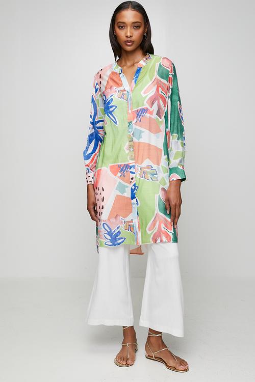 L/S Button Through High Low Sheer Printed Blouse - Assorted