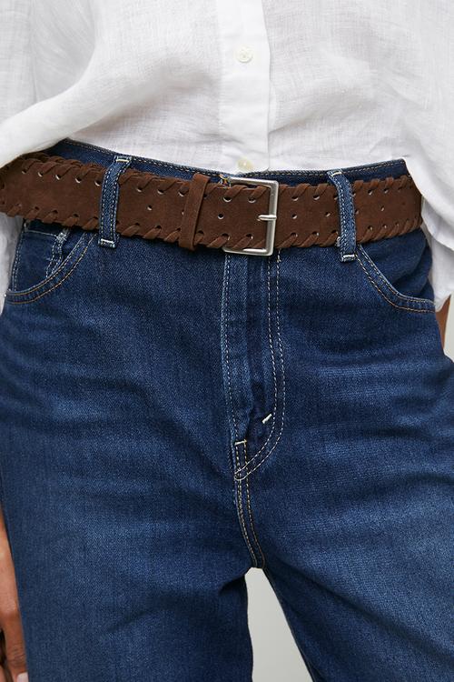 Leighton Braided Edge Belt With Rectangular Silver Buckle - Brown