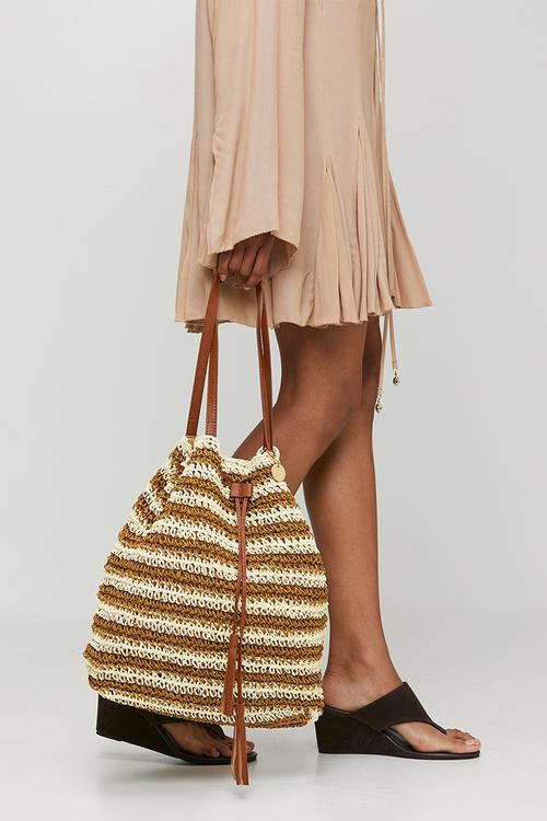 Lanae Crochet Drawstring Bucket Bag - Natural