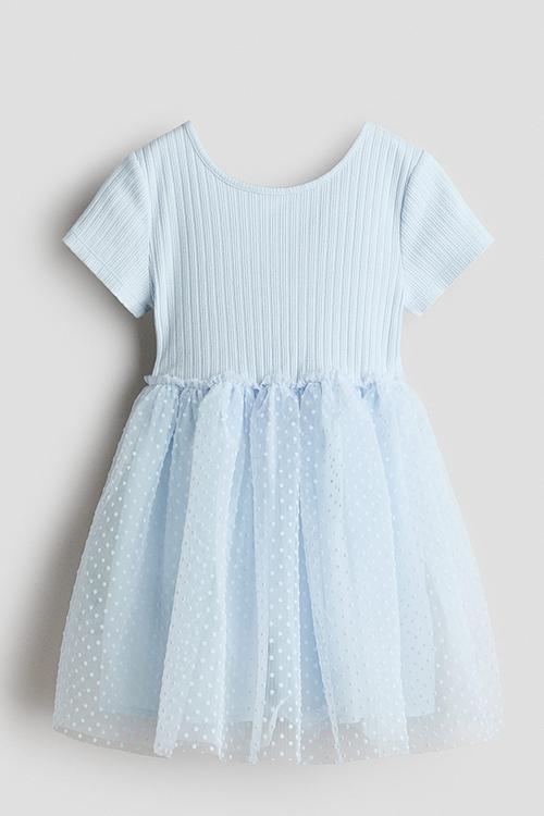 Flock-print tulle-skirt dress - light blue