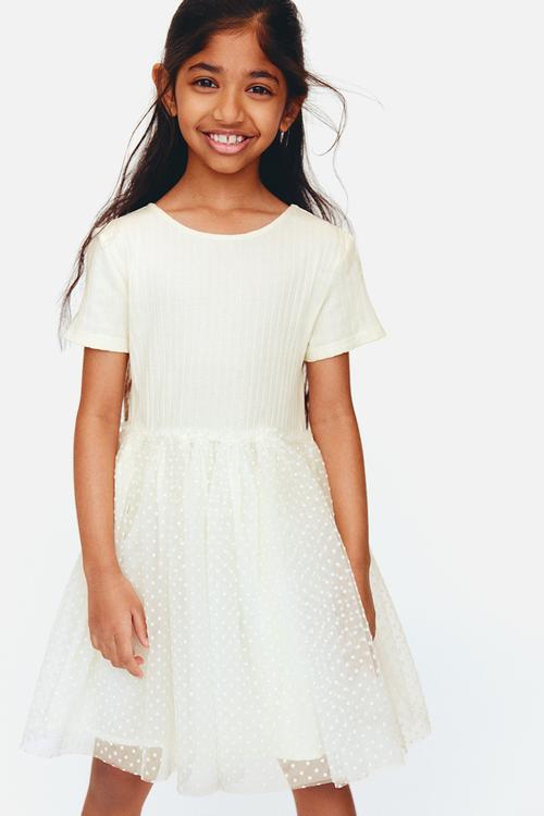 Flock-print tulle-skirt dress - cream/spotted