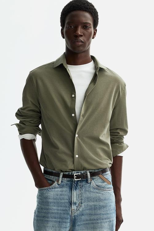 Four-way stretch slim fit shirt - khaki green